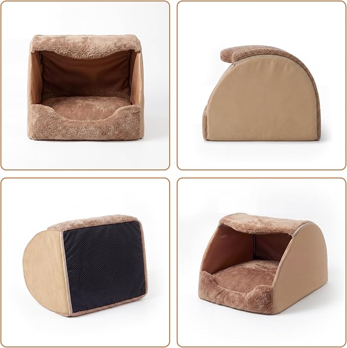 LATIBELL Indoor Puppy House Foldable Pet Tent Cave Bed ，Brown | Covered Cave Bed, For Small Dogs and Cats, Removable Washable Puppy Kennel, Soft Cushion