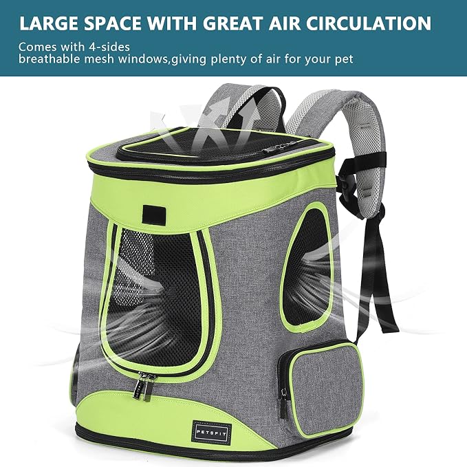 Petsfit Pet Backpack Carrier Easy-Fit Dog Travel Backpack Carrier for Hiking Walking Cycling Suitable for Small Medium Dogs Cats and Rabbits up to 22 Pounds, Green | 13.5 x 12.5 x 17.5 in; reinforced frame, 600D Oxford, 4 mesh panels, lockable zippers,...