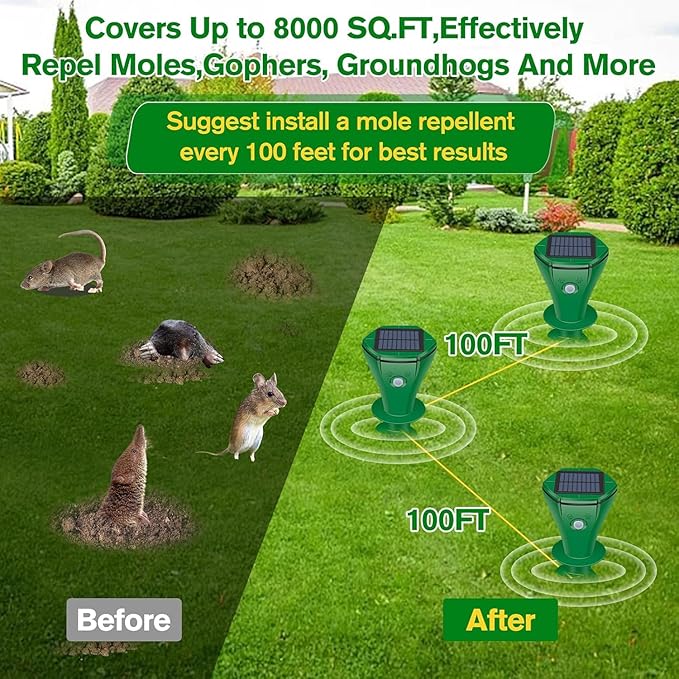 Mole Repellent Solar Powered, 4 Pack Ultrasonic Gopher Repeller IP65 Waterproof for Lawn Garden Yard, Sonic Vole Repellent Outdoor Get Rid of Snake Groundhog Chipmunk Squirrels, Green