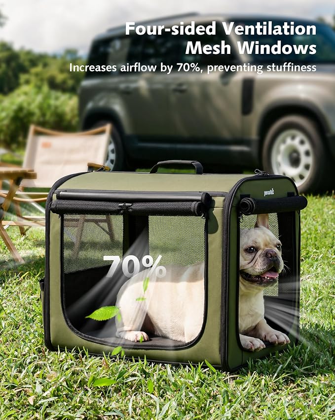 Dog Car Carrier Light Weight 24×17.7×20.5in, Foldable Dog Carrier, Green | Easy to Assemble, Portable and Breathable Pet Carrier, Suitable for Indoor and Outdoor Use, Dog Travel Crate with Curtain