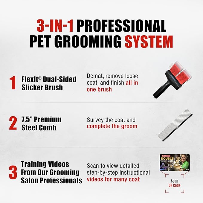 FlexIt Home - Flexible Slicker Brush for Dogs (Double, Soft Flex) | Dog Grooming Brush for Poodles, Golden Doodles, Huskies, Retrievers, and Labradoodles | 3-in-1 System & Video Trainings