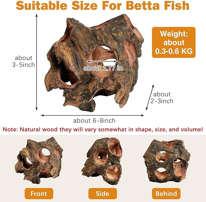 PINVNBY Betta Fish Cave Natural Wood Betta Fish Hideout for Aquarium Fish Tank Decorations Hideout Betta Fish Accessories Habitat Shelter for Crayfish Shrimp and Other Aquatic Pets