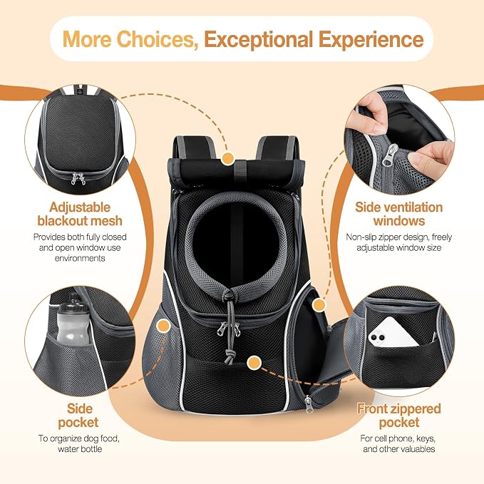 YUDODO Dog Front Carrier Backpack, Top & Side Windows Dog Backpack | Sunshade Hood, Ventilated, Safety Belt, Breathable, Lightweight, Reflective Strip, Pocket Storage, Adjustable, Black Pro, M