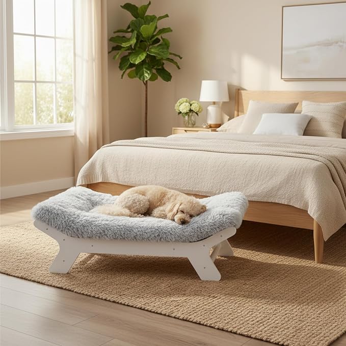 Elevated Wood Dog Bed Frame Mat Set, Whitecolor, Small | Raised Sturdy Attractive Dog Sofa Couch Furniture,45 lb