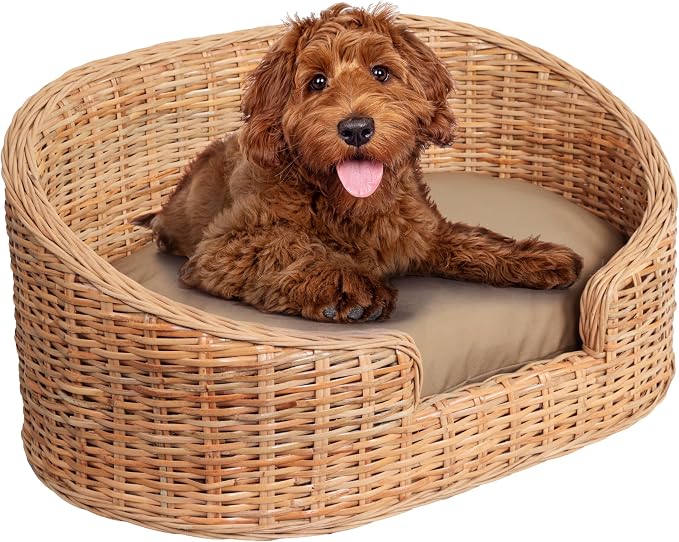 DBD1001B Curvy 33" x 21.25" Classic Handwoven Rattan Pet Bed with Machine-Washable Cushion, Light Brown