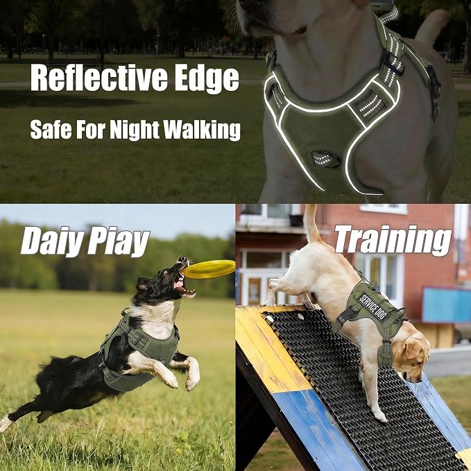 Service Dog Tactical Vest Harness and Leash Set Large Sized Dog Emotional Support- Tactical Dog Harness Training Collar with Name (Army Green, M)