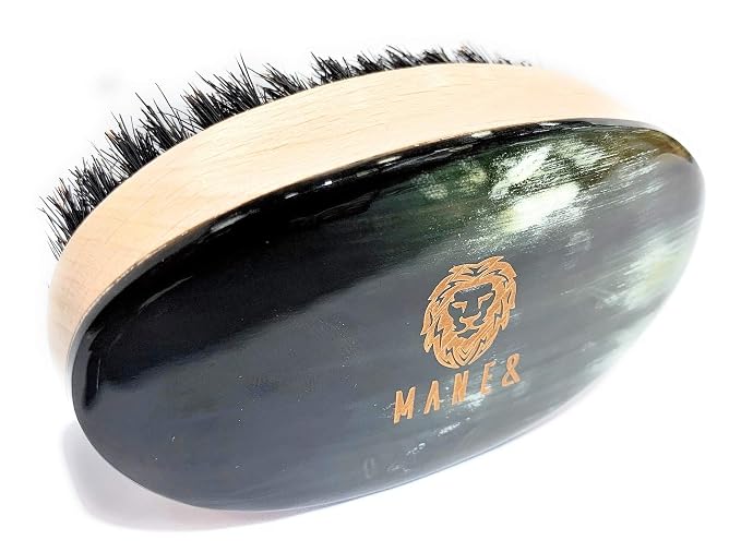 Man & Mane Premium Handmade Oxhorn & Beechwood Military Style Medium Stiff Natural Boar Bristle Men’s Hair Brush for Facial Hair & Beard Care