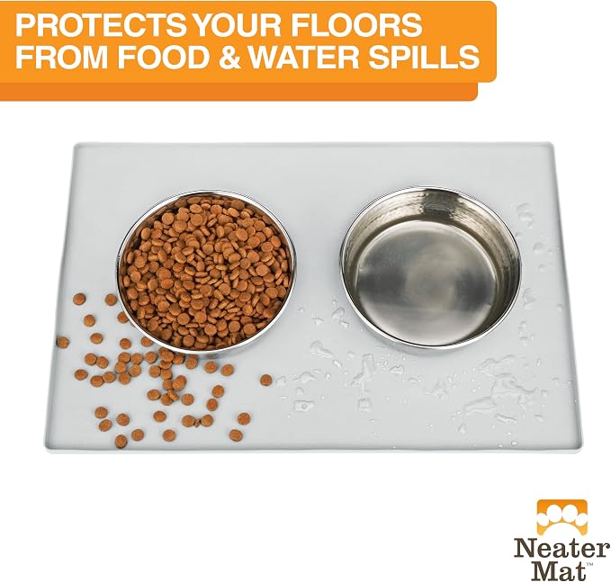 Neater Pet Brands Neater Mat Pet Mats for Food and Water, Cat & Dog Bowl Mat Waterproof Silicone, Feeding Tray, Dog Food Mats for Floors, Placemat w/Raised Edge for Under Bowls, 24" x 16", Light Gray