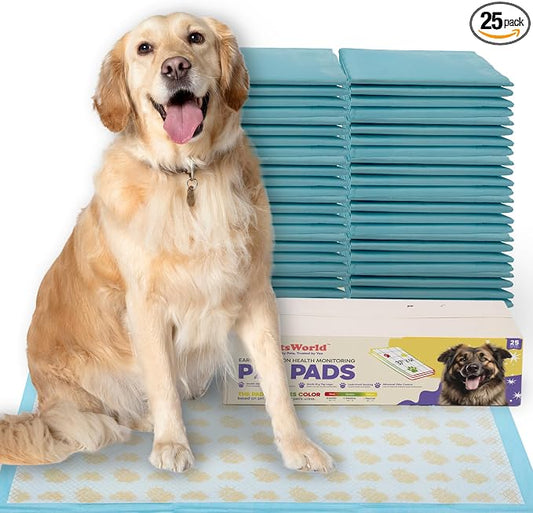 PetsWorld Health Monitoring Dog Pee Pads 37"x54" 25 Count – XXXL Color-Changing Pet Pee Pads for Dogs & Pets, Leak-Proof Super Absorbent Dog Training Pads with Odor Control