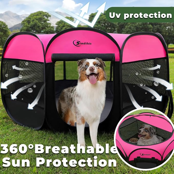 Siedihit Dog Cat Playpen, Large Puppy Pet Playpen, Dog Crate Tent Cage | Indoor/Outdoor, Portable Pop Up Dogs Kennel Playpen with Carrying Case for Dogs/Cats/Rabbits, Hot Pink