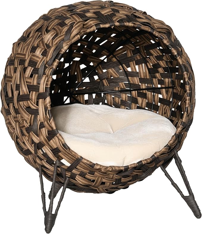 PawHut 20.5" Weaved Cat Bed with Cushion, Brown | Elevated Hand-woven Braided Banana Leaf Kitten House Condo