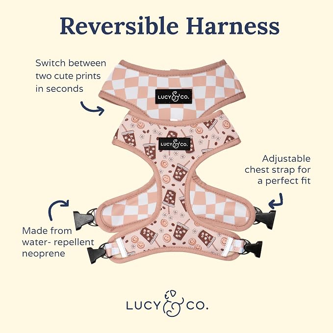 Lucy & Co. Reversible Dog Harness - Water-Repellent Neoprene, Dual-Print Design, Easy Swap Style, Adjustable Comfort Fit - Iced Coffee SZN Reversible Harness - Large