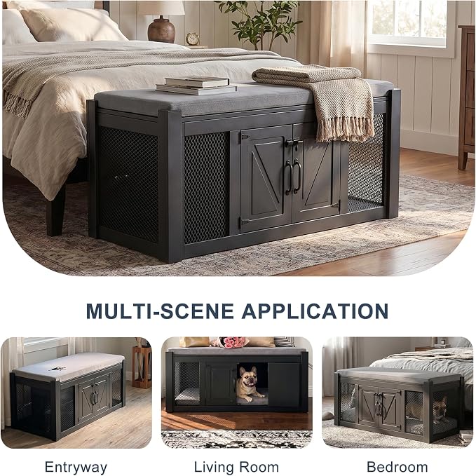 Faceket Dog Crate Furniture with Padded Seat, Luxury Wooden Dog Kennel, End of Bed Bench Ottoman with Removable Cushion for Bedroom, Entryway, Black