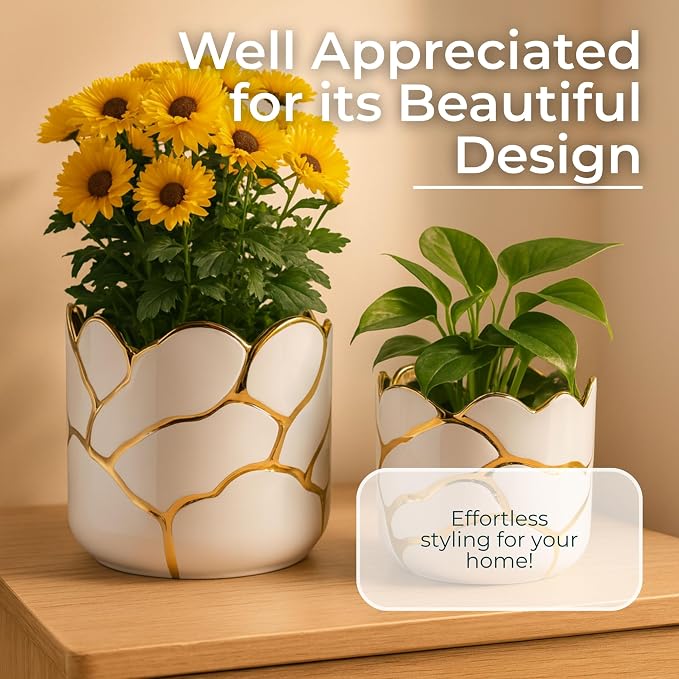 Set of 2 Plant Pots for Indoor Plants – Ceramic Planters with Gold Accents, Decorative Pots for Home Decor, Modern Indoor/Outdoor Ceramic Planter Set, Stylish Pot for Plants – 6/7", White