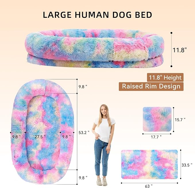 Human Dog Bed, Oversized Plush Lounger Bed with Plump Pillow and Blanket | 71" x 45" x 12" Long Plush Polyester Floor Nest for Relaxing, Napping, Reading, and Family Cuddle Time - Multicolor