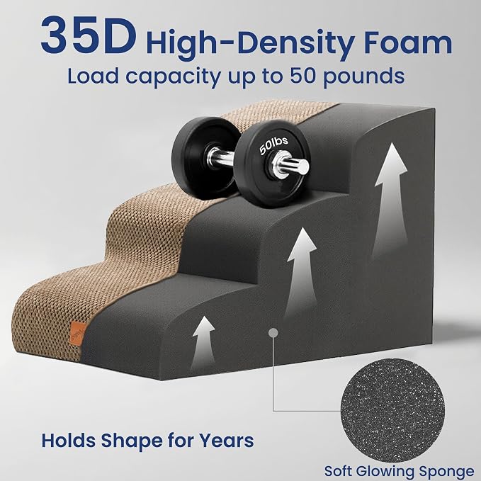 GoGoBunny Ramp Dog Stairs for Couch Sofa and Chair 15.7" H, 3-Step Pet Steps for Small Dogs and Cats, Non-Slip Waterproof Fabric Cover, Stable and Balanced Indoor Step, Pets Friendly, Camel