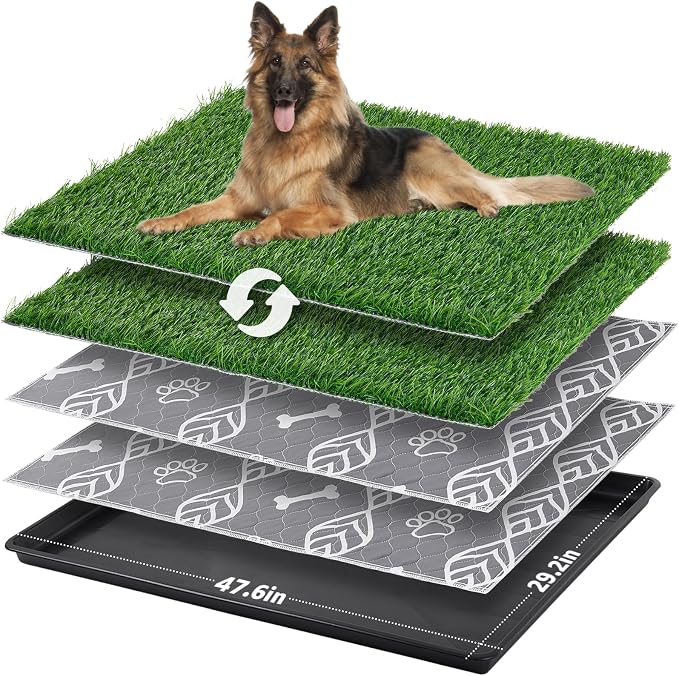 LOOBANI Large Dog Grass Pad with Tray - 47.6x29.2in for Balcony Apartment | Dog Potty with 2 Artificial Grass & 2 Washable Pee Pads for Replacement, Quick-Absorbency, Easy to Clean, Indoor/Outdoor Use