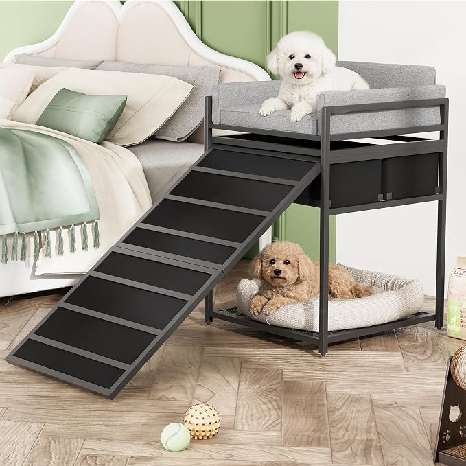 kepptory Dog Sofa with Window Perch & Retractable Dog Stairs, 2‑Tier Pet Bunk Bed with Storage Drawers, Multi‑Function Pet Furniture for Small Medium Dogs Cats, Supports 110 lbs, Easy Assembly