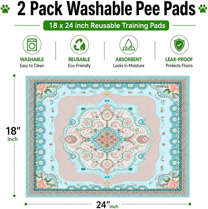 Washable Pee Pads for Dogs, 18"x24", 2 Pack Reusable Puppy Training Pads | Super Absorbent, Leak-Resistant and Non-Slip for Puppy Training, Crates, Playpens, Whelping and Senior Dog Care