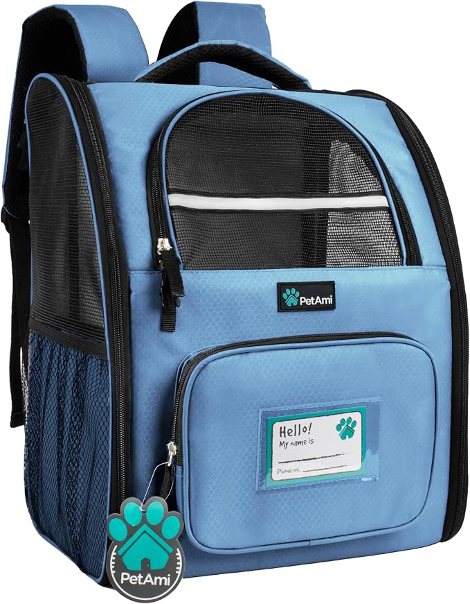 PetAmi Dog Backpack Carrier Airline Approved Cat Pet Puppy Bag, Light Blue | Ideal for Small Medium Large Pet up to 18 lb, 2 Side Entry Structured No-Collapse Frame, Ventilated Bookbag for Hiking Travel