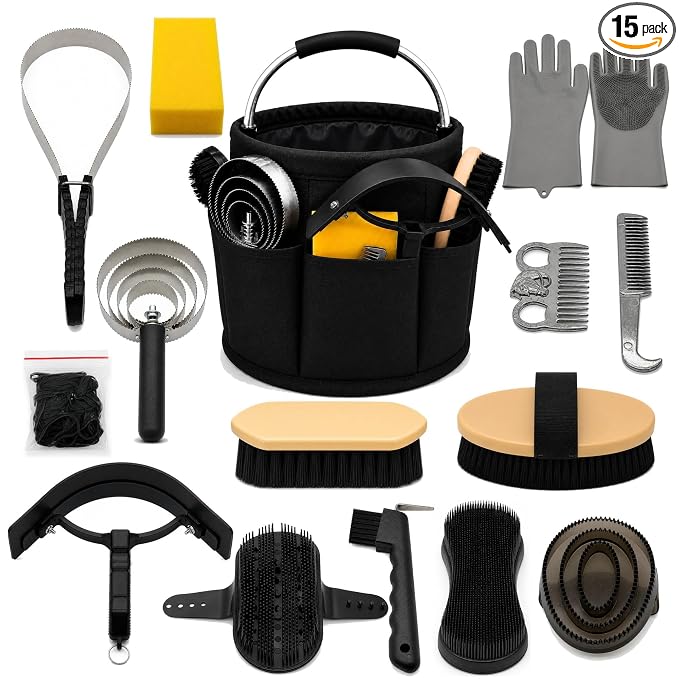 Horse Grooming Kit, 15-Piece Horse Brush Set with Tote Bag, Long Shedding Blade, Hoof Pick, Curry Comb, Sweat Scraper, Mane and Tail Comb, Gloves, Equine Grooming Supplies, Black