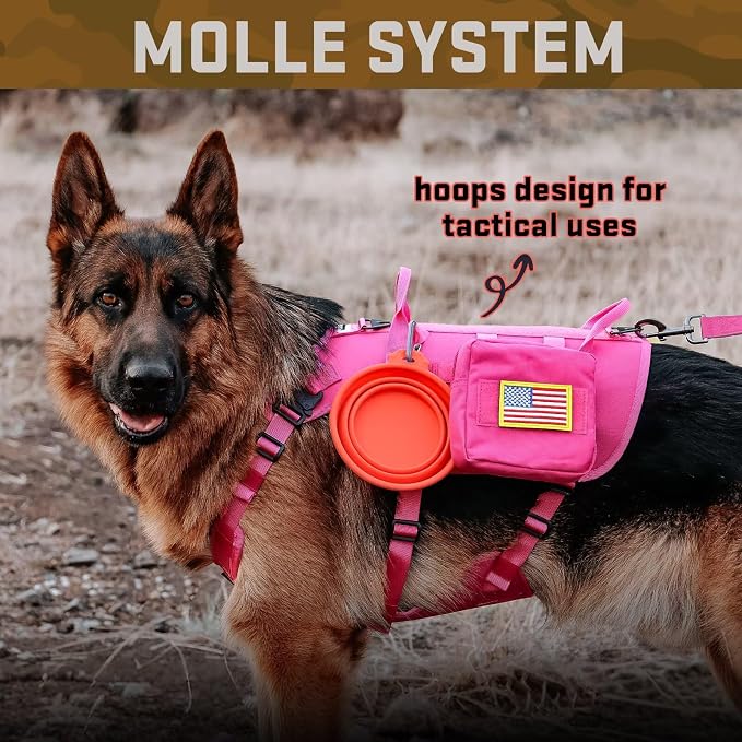 Forestpaw Pink Tactical Dog Harness for Medium Dogs,Tactical Dog Collar with Bungee Leash Set,No Pull Military Dog Harness for Walking Training,Adjustable for Medium Dogs,Chest 22-35"