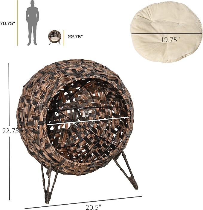 PawHut 20.5" Weaved Cat Bed with Cushion, Brown | Elevated Hand-woven Braided Banana Leaf Kitten House Condo