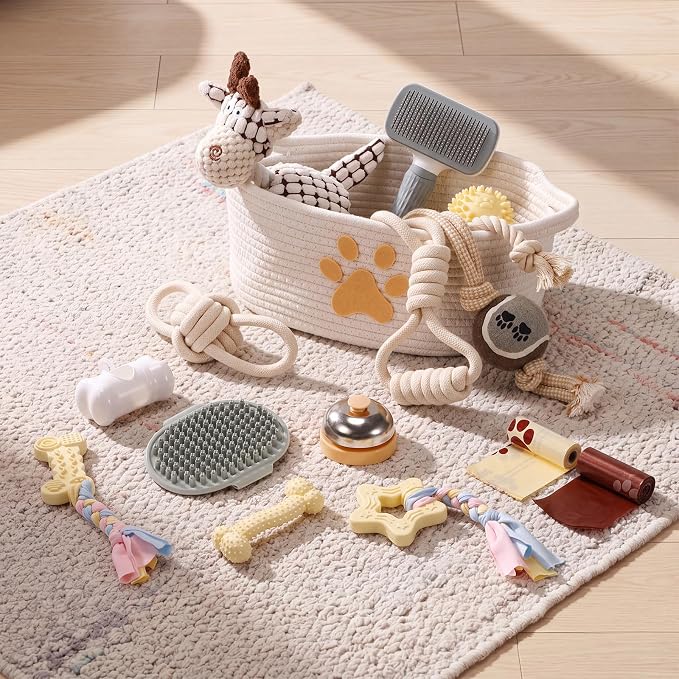 Zopeal 17 Pcs Summer Puppy Gift Set, Dog Toy & Essentials Bundle with Chew Toys, Poop Bag Dispenser, Grooming Brush, Training Bell, Blanket & Rope Basket(Beige,Sheep)