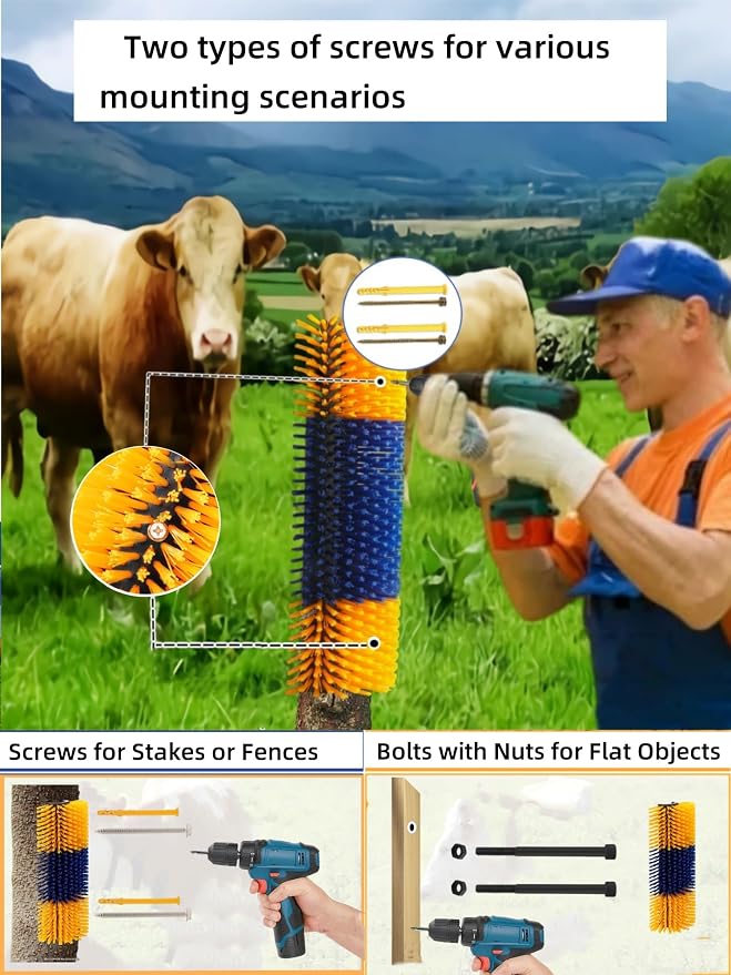 Livestock Scratching Brush 1 Pack, Itch Relief Goat Scratching Post | Horse Cow Goat Brushes for Scratching, Self-Grooming, Upgraded No-Strip Screws for Easy Install Barn Farm, Protects Fence