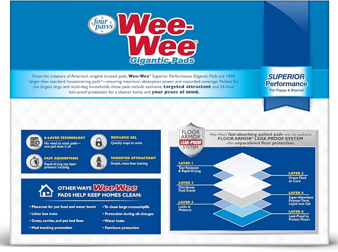 Four Paws Wee-Wee Superior Performance Gigantic Dog Pee Pads, 150 Count | Puppy & dog potty training pads, all day floor protection, housebreaking pet supplies, leak-proof puppy pads, 27.5" x 44"