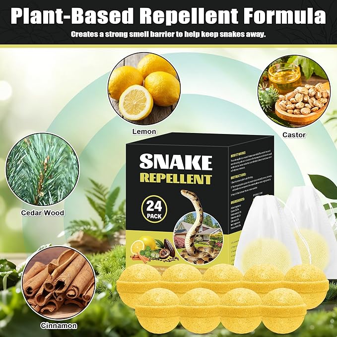 24 Pack Snake Repellent Balls, Natural Snake Deterrent for Yard, Garden & Garage, Long Lasting Outdoor & Indoor Snake Repellent, Safe for Pets & Kids, Easy to Use