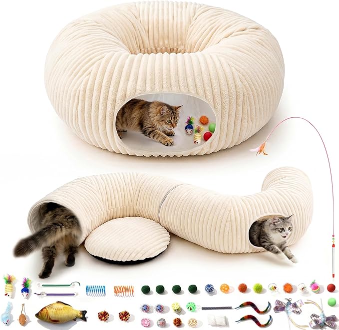Cat Tunnel Bed with 40 Pcs Interactive Cat Toys, Cat Tube with Kitten Toys for Indoor Kittens, Collapsible Play Tunnel, White