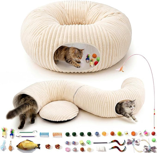 Cat Tunnel Bed with 40 Pcs Interactive Cat Toys, Cat Tube with Kitten Toys for Indoor Kittens, Collapsible Play Tunnel, White