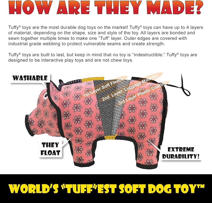 TUFFY® : 2 Pack Medium Bull Dog Toy: Ultra Durable Plush Toy with Multiple Layers & Reinforced Seams, Washable and Floats, Original Construction