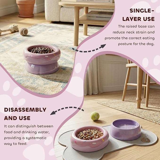 Donut Duo Ceramic Dog Bowl, Dog Water Bowl and Dog Food Bowl, Pet Bowls (Purple)