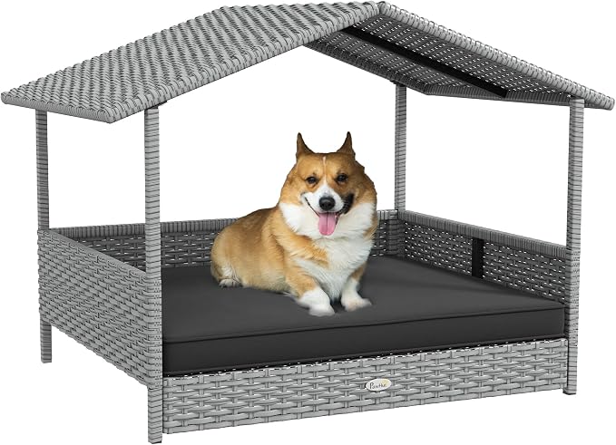 PawHut Wicker Dog House Outdoor, Silver Wicker, Gray Cushion | Rattan Dog Bed, Canopy, Water-resistant Cushion, Raised Pet Bed for Small, Medium Breeds up to 66 lbs, 20" in Length