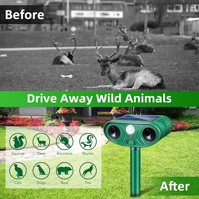 2026 Upgraded Solar Animal Repellent Ultrasonic Outdoor, 2 Pack IP65 Waterproof Deer Repellent & Cat Deterrent with Motion Sensor, Effective Racoon Rabbit Skunk Squirrel Repeller for Yard Garden