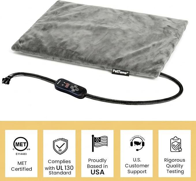 Cat Heating Pad, Heated Cat Bed with 5 Heat Levels, Timer & Auto Shut-Off, Waterproof Warmer with Thick Fleece Cover, Chew-Resistant Cord, for Indoor & Sheltered Outdoor Use (Gray, Small)