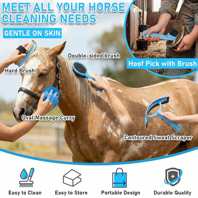 Cunhill 9 Pcs Horse Grooming Kit Tack Room Supplies Set with Tote Bag, Oval Massage Curry, Hard and Soft Brush, Hoof Pick, Sweat Scraper, Bathing Sponge, Comb for Horse Rider(Classic,Light Blue)