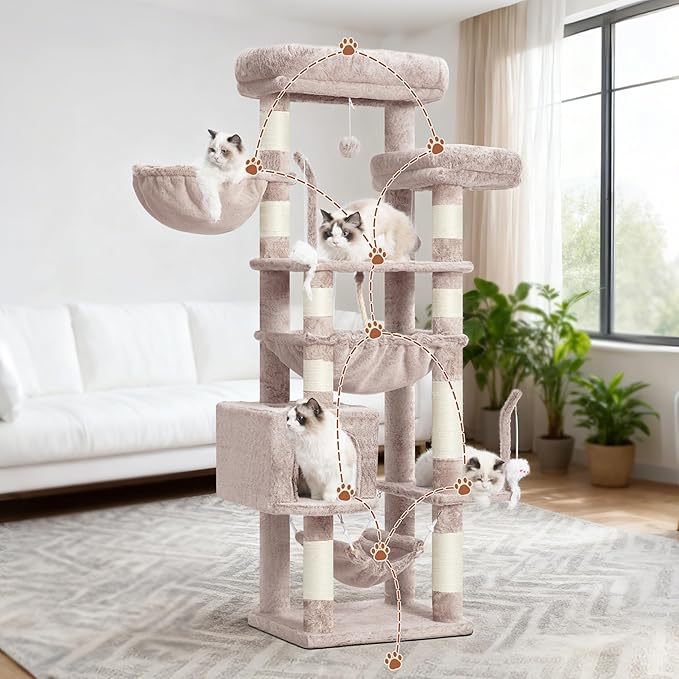 Gitelsnour Cat Tree, Cat Tower for Large Cats with 2 Big Platforms, 2 Baskets, condo and Toys, 63" Cat Scratching Posts for Indoor Cats, Muchroom GCT020MU