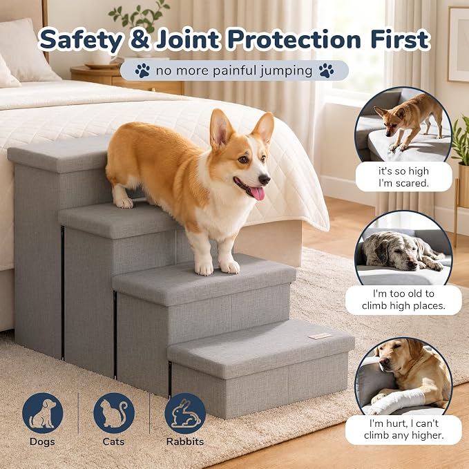 4-Step Wide Dog Stairs with Storage 23" H, Non-Slip Sturdy Pet Steps for High Bed Couch Window, Pet Stairs for Small/Medium/Large Old Dogs Cats Up to 220lbs, Cat Dog Steps for Car, Light Grey