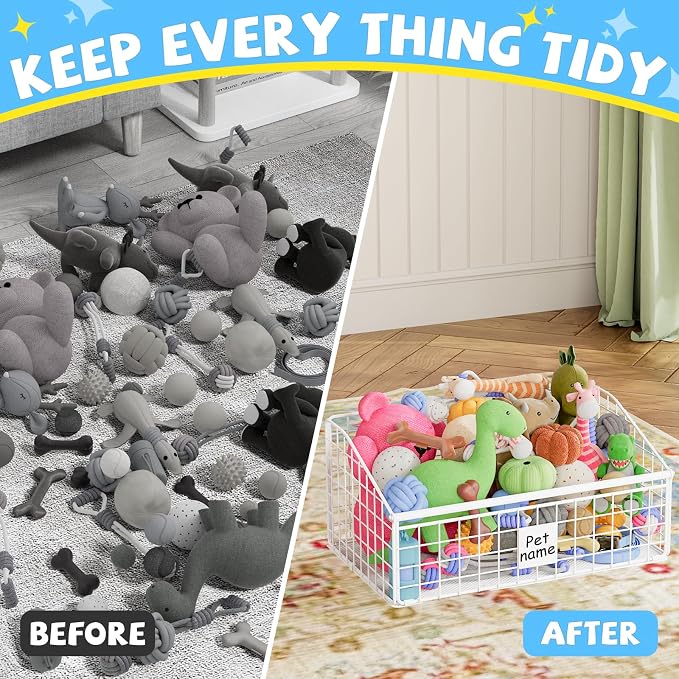 Kaiferty Indestructible Dog Toy basket, Medium Toy Box for Dogs,Pet Toy Bin Dog Metal Basket for Toys, Dog Toy Storage, Dog Storage Organizer,Dog Toy Box for Living Room Area (White)