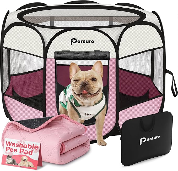 Persure Dog Cat Pet Playpen Puppy Crate Cage for Indoor Outdoor Travel | Nursing Rest Zone Recovering Pet Quarantine Room Portable Pop Up Easy to Set up lightweight Carrying Bag(Pink with Pad,Small)