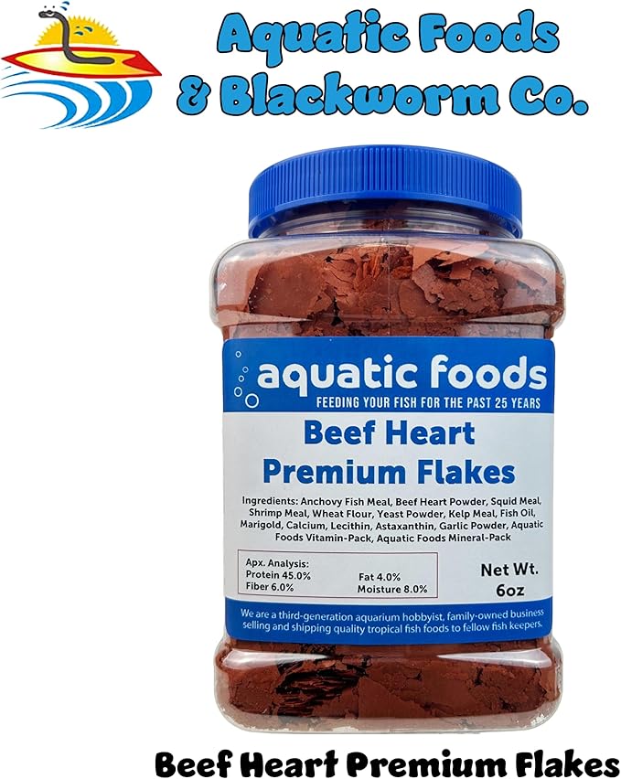 Aquatic Foods Inc. Beef Heart Enhanced Premium Flakes for Discus, Cichlids, All Tropical Fish. Aquatic Foods Premium Flakes…6oz Med Jar