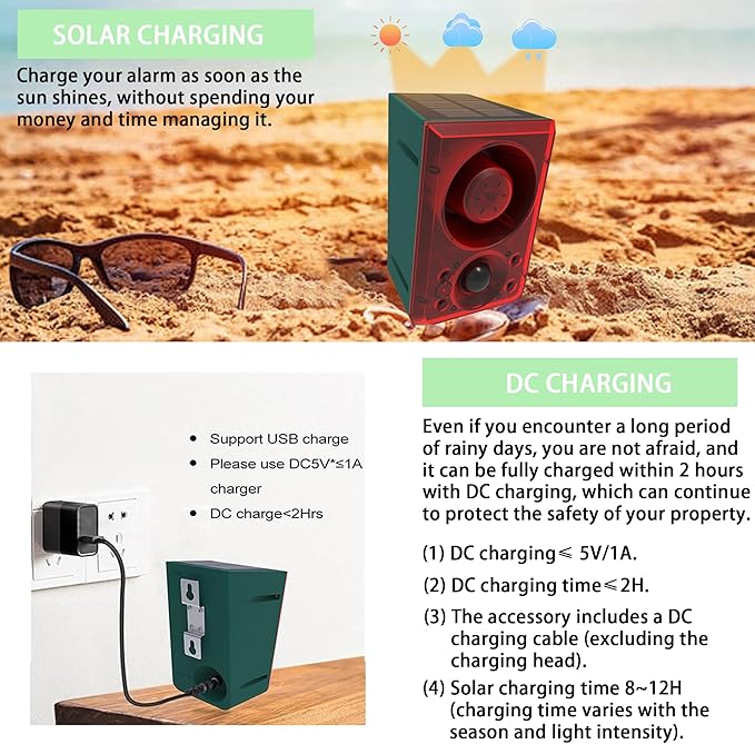 Solar Outdoor Motion Sensor Alarm - QXMH Dog Barking & Gunshot Sound, Support Recording&±Volume, 130db Motion Detector Alarm Light,with USB for Home,Villa,Farm,Barn,Say Goodbye to The Intruders
