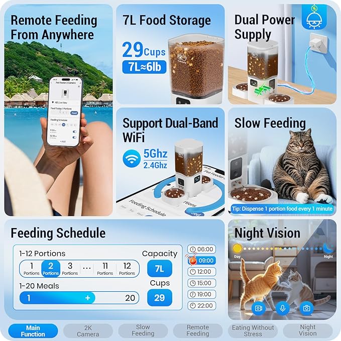 Frienhund 5G WiFi Automatic Cat Feeder with Two HD Camera: 7L Automatic Dog Feeder with Night Vision, Auto Cat Food Dispenser for Multiple Pet, Detachable for Easy Cleaning - 29 Cup