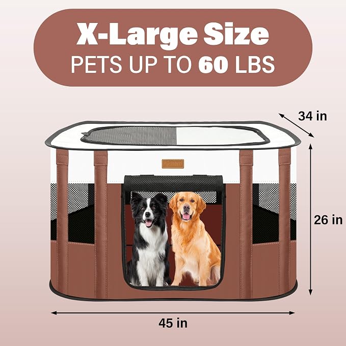 Dog Playpen - Foldable Cat Play Pens for Pubby, Kitten, Rabbit, Portable Pet Tent with Carring Bag for Indoor/Outdoor Travel Camping Brown X-Large