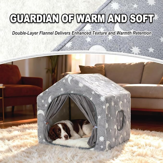 Indoor Dog House, Soft Warm Glow Dog Cave for Small & Medium Dogs | Warm Plush Dog Cave Bed with Sturdy Frame, Machine Washable, Non-slip, for Indoor Dogs and Cats
