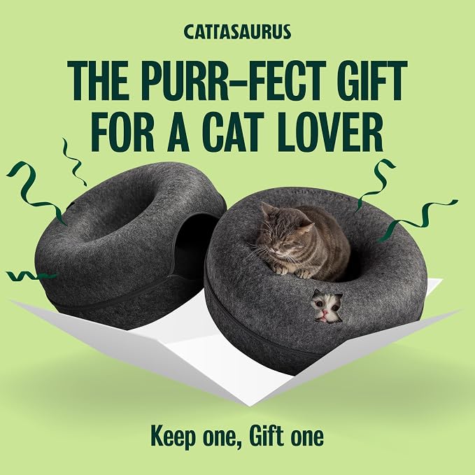 Peekaboo Cat Cave Donut for Multiple & Large Cats up to 30-45 lbs, 3-in-1 Self Warming Cat Bed, Tunnel & Scratcher for Indoor Cats, Washable & Detachable (Dark Gray + Dark Gray, Large)