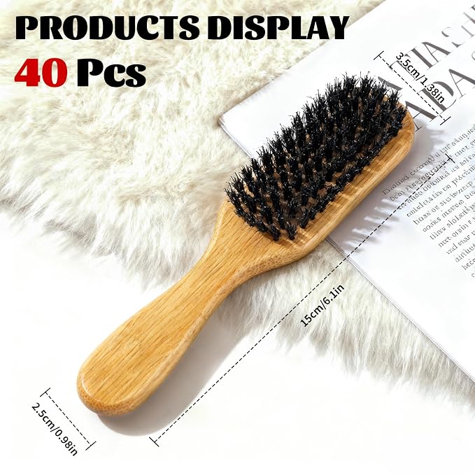 40 Pack Small Boar Bristle Hair Brush Bulk, Bamboo Handle -Slick Back Beard Brush, Hard Bristle Brush for Thick Hair, Curly, Frizz Control,Dual Use for Women & Men, Pet Grooming Cat & Dog
